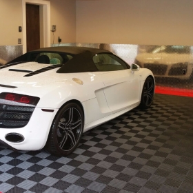 Free-Flow garage flooring with an Audi R8 and a custom motorcycle
