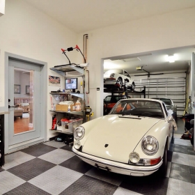 A garage with a vintage Porsche and graphite and alloy RaceDeck Diamond