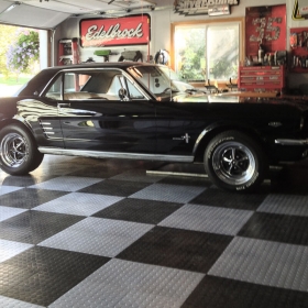 A vintage Ford Mustang CircleTrac Garage Flooring