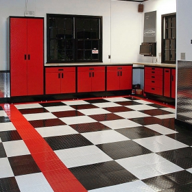 RaceDeck Diamond flooring in black, white and red to match this garage.