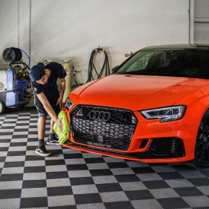 Audi RS3 in the wash bay on snap lock flooring