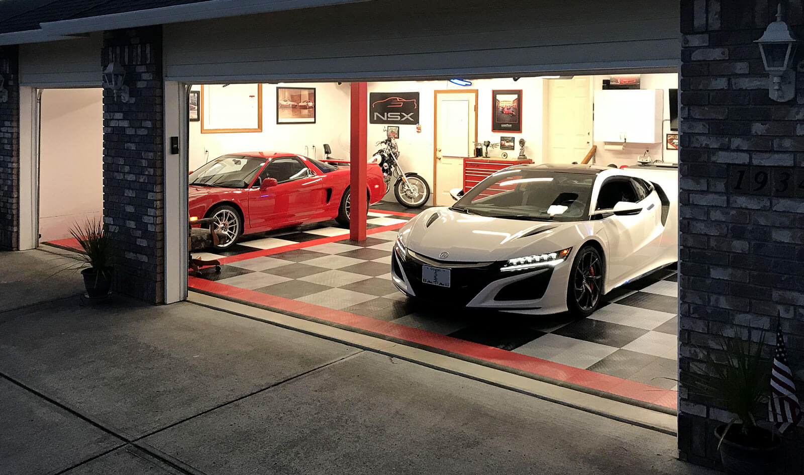 Outside view of this custom RaceDeck Diamond garage.