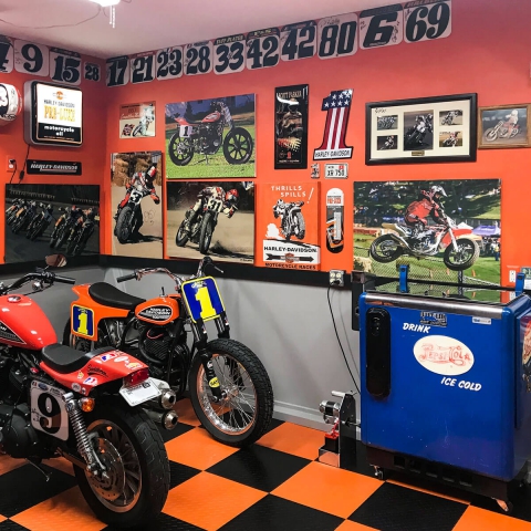 Motorcycle racing themed garage