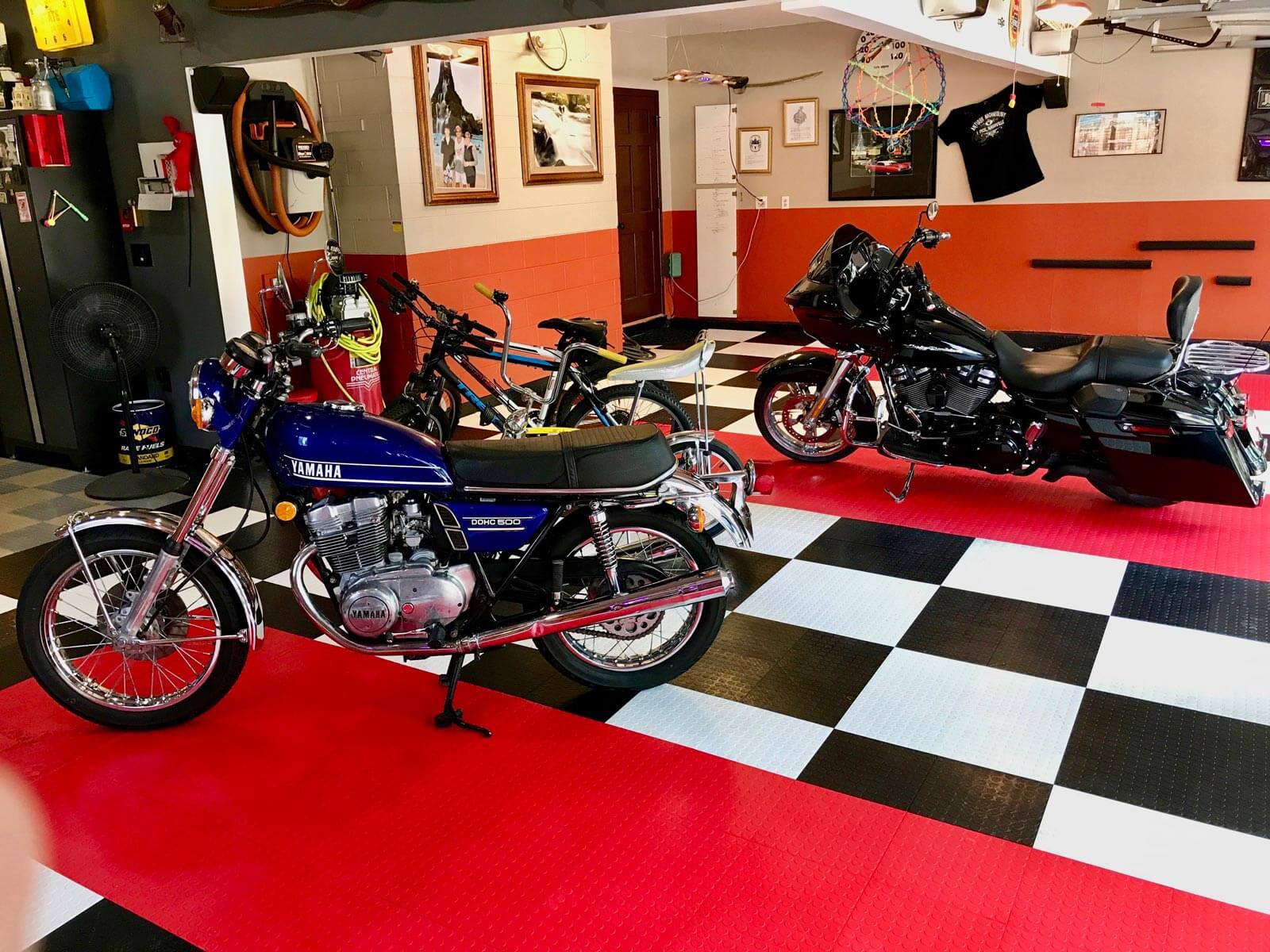 Motorcycles in the garage with CircleTrac flooring
