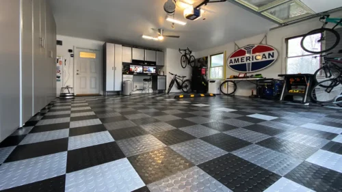checkerboard garage-floor with CircleTrac tiles