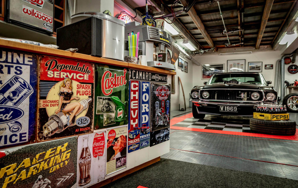 View of the classic Mustang in the lower garage