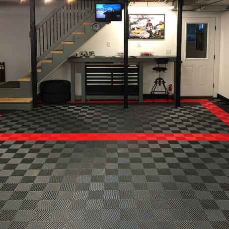 Red and Black Free-Flow flooring in this basement shop area.
