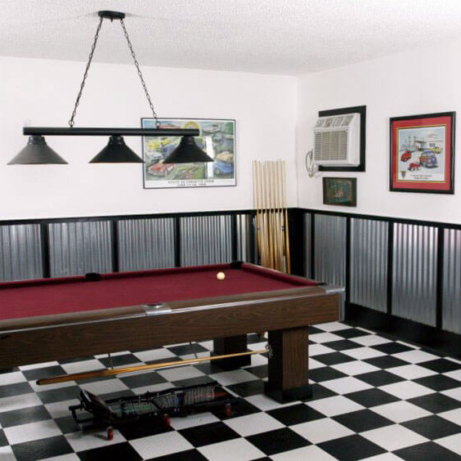 Game room with checkered RaceDeck Diamond flooring.