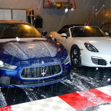 Free-Flow's maximum and drainage of liquids will help keep this garage dry from a snow covered Maserati