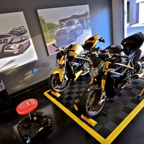Motorcycle pad display with yellow edging in Japan
