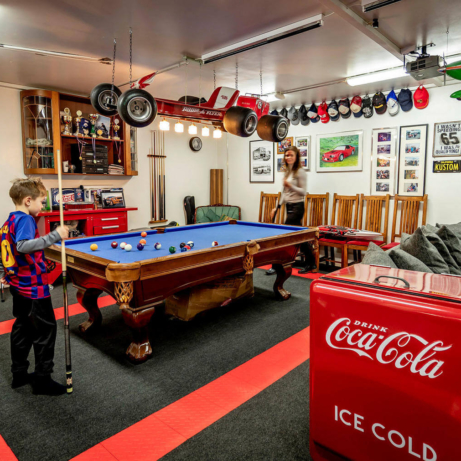 Pool table area in this multi-use garage