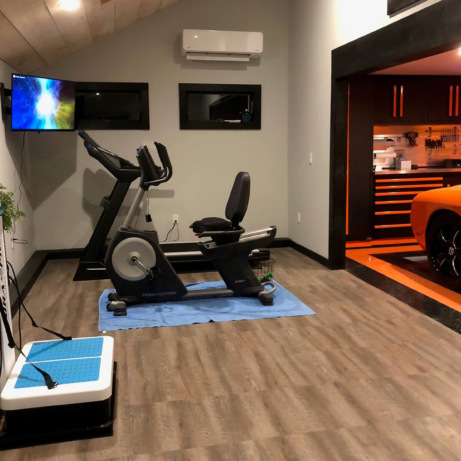 Smoked Oak exercise area in garage