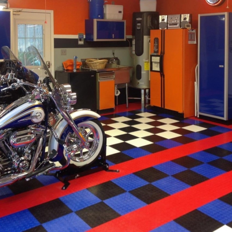 Two Harleys parked in a CircleTrac® garage