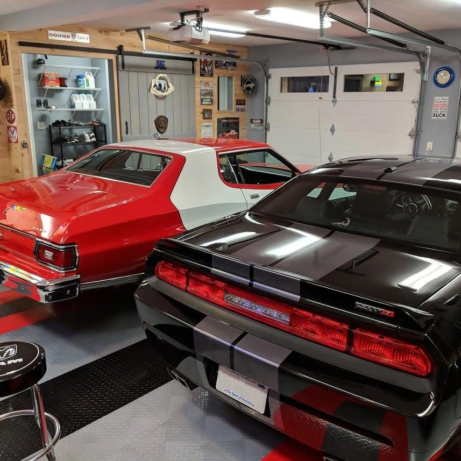 A modern and a vintage muscle car garage