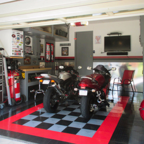 A home garage with Two sportbikes on RaceDeck diamond™ with Tuffshield®