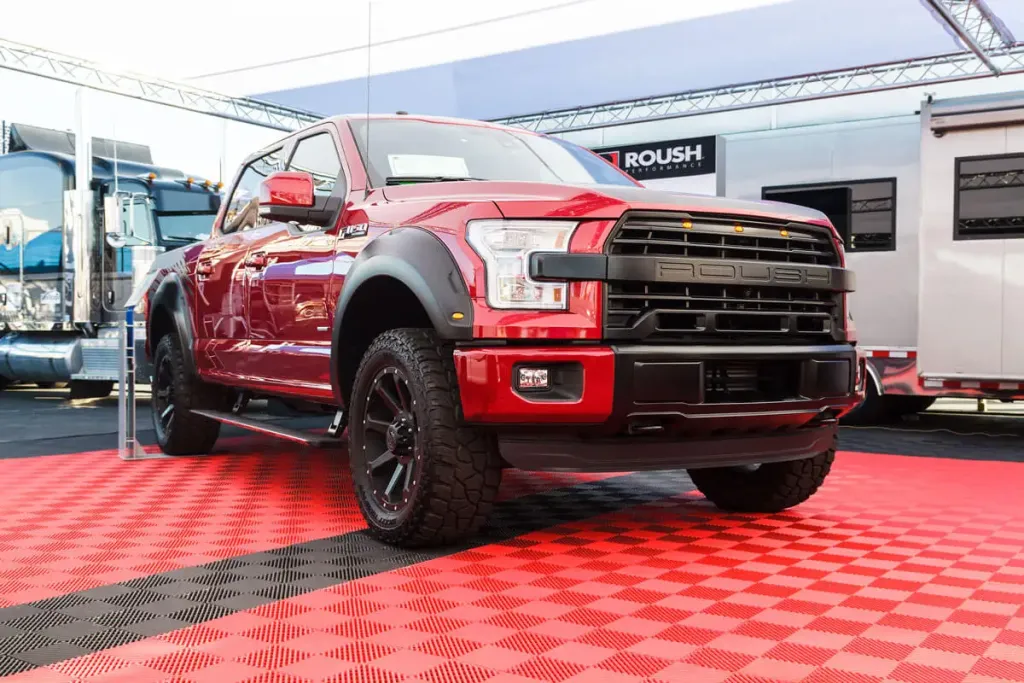 roush f display A Ford F-150 parked on RaceDeck interlocking garage floor tiles