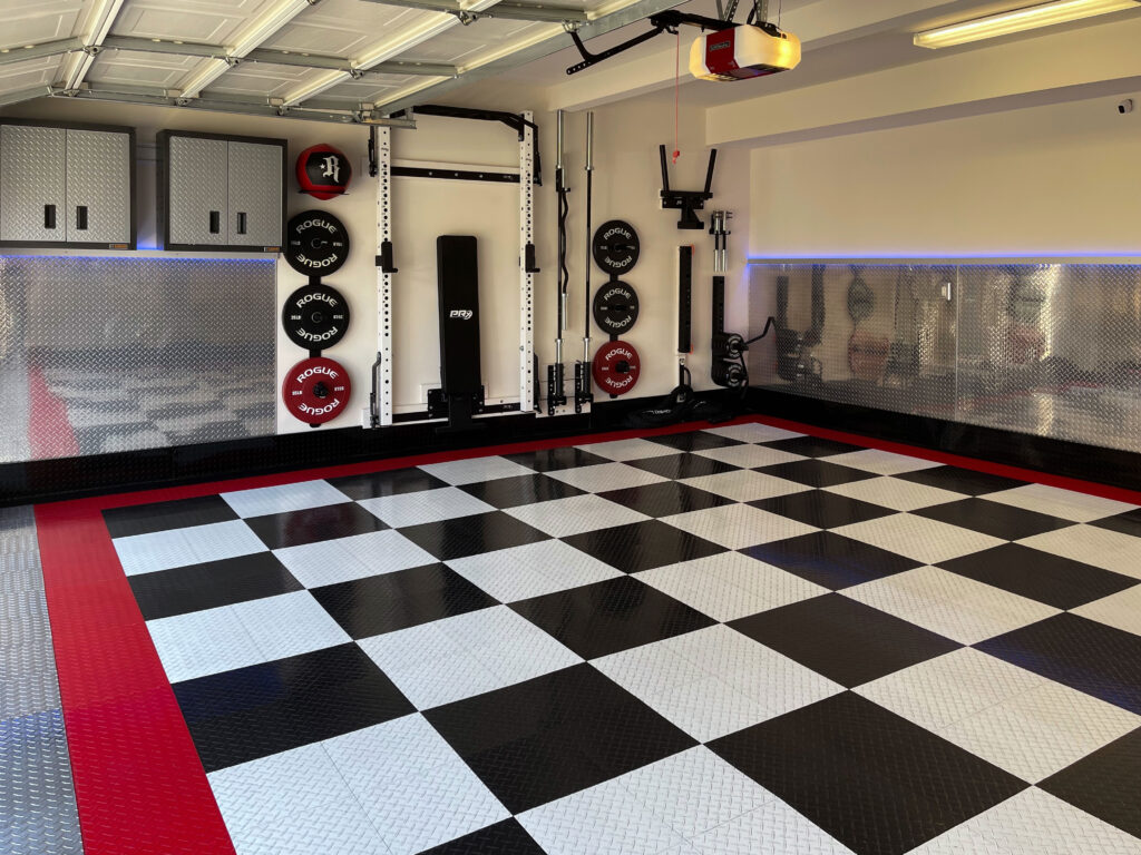 Black, White, Red, & Metallic RaceDeck Diamond w/Checker Pattern & Gym Equipment Black, White, Red, & Metallic RaceDeck Diamond w/Checker Pattern & Gym Equipment
