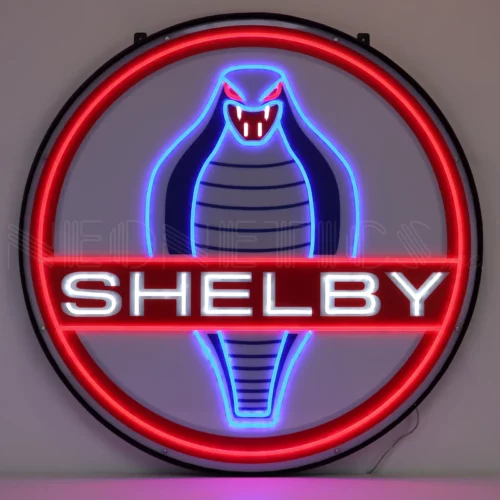 Neon sign of the Shelby logo