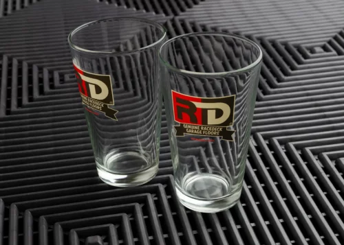 Two RaceDeck branded pint glasses