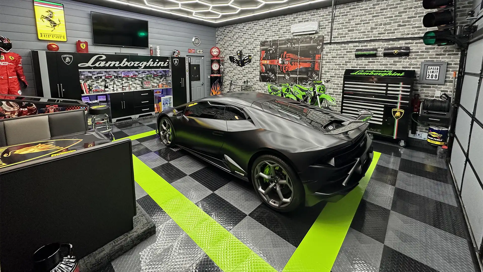 Clean RaceDeck garage floor tiles with a black car parked on them
