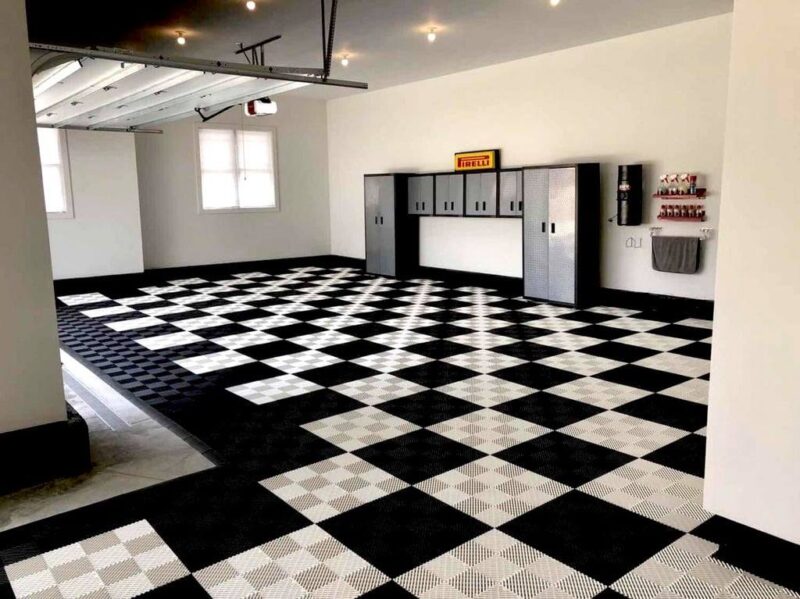 RaceDeck Free Flow A garage with RaceDeck Free-Flow Tiles Installed