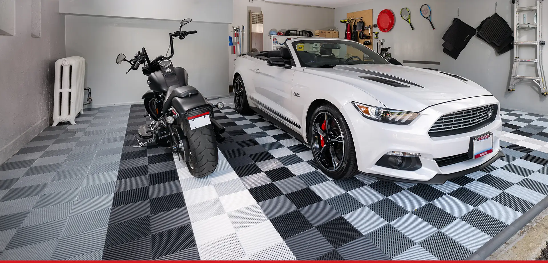 Harley Davidson and Mustang parked in a garage with Free-Flow garage floor tiles